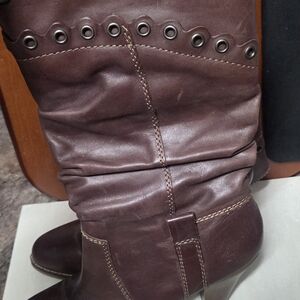 Zodiac Brown Leather Mid-Calf Heeled Boots with Grommet Trim